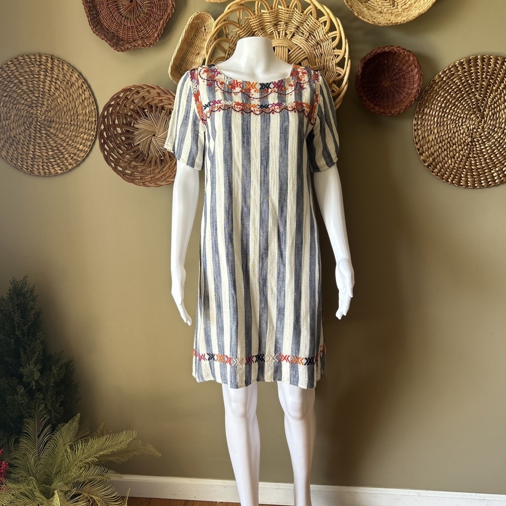 THML Stripe Blue Off White Knee Length Dress Embroidered‎ Boho Festival Shift XS